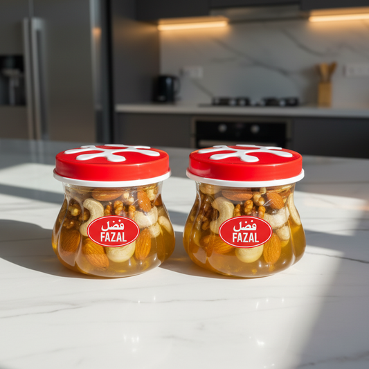 Two jars of Fazal pickles on a kitchen counter with a blurred kitchen background.