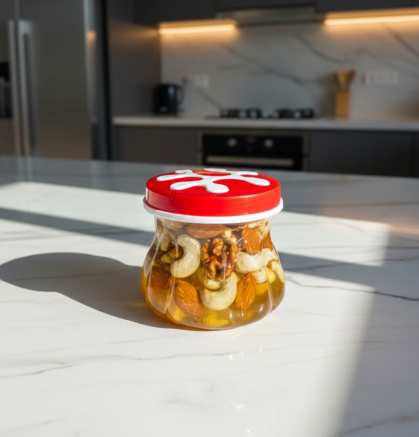 Jar of pickled vegetables with a red lid on a kitchen counter