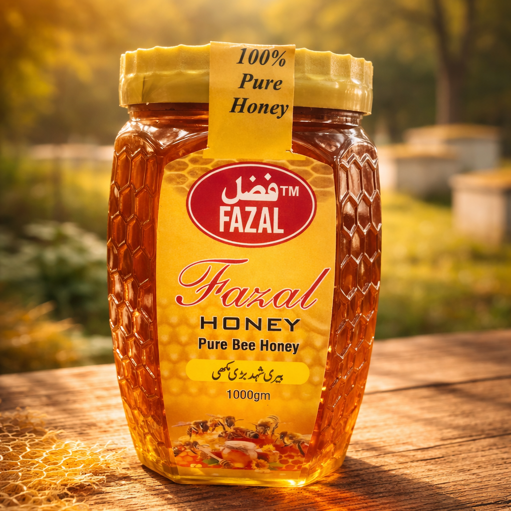 Jar of Fazal honey on a wooden surface with a blurred natural background