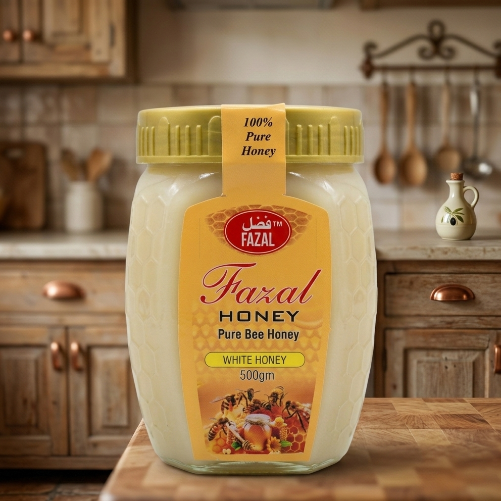 Jar of Fazal Honey on a wooden surface with a kitchen background