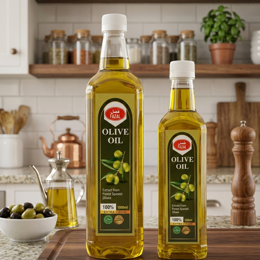 Two bottles of Fazal olive oil on a kitchen counter with a blurred background.