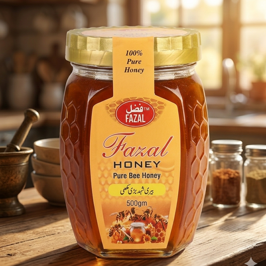 Jar of Fazal Honey on a wooden table with a kitchen background